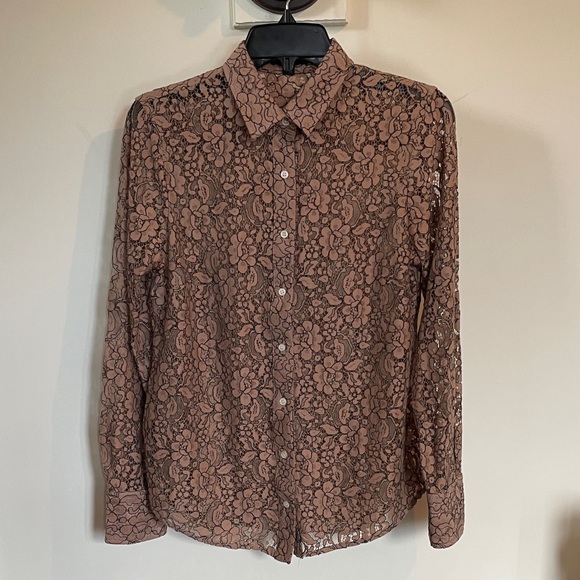 J.Crew Mocha Brown Black Lace Blouse Size 4 Sheer Long Sleeve Button Top J Crew - Picture 1 of 10